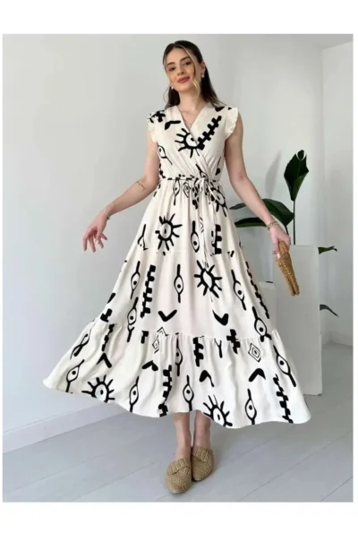 women printed v neck tiered sleeveless wrap maxi dres