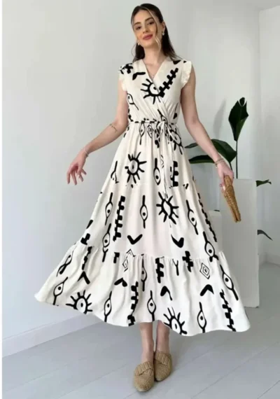 women printed v neck tiered sleeveless wrap maxi dres
