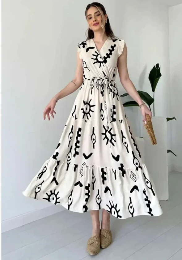 women printed v neck tiered sleeveless wrap maxi dres