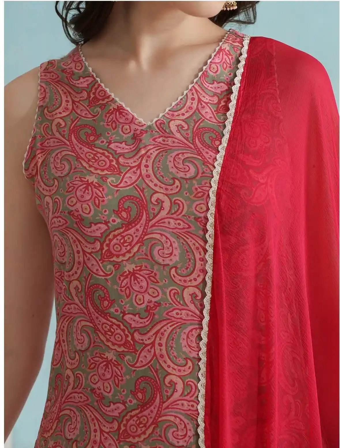 Women Cotton Blend Paisley Printed Pink Kurta Pant Set - Image 2