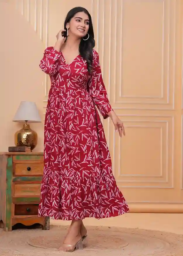 Maternity Soft Cotton Feeding Dress Red Gown for Women - Image 4