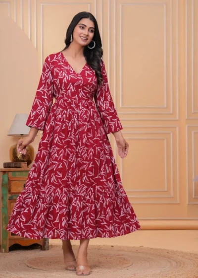 Maternity Soft Cotton Feeding Dress Red Gown for Women