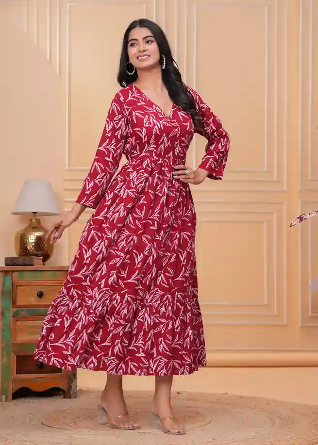 Maternity Soft Cotton Feeding Dress Red Gown for Women - Image 3