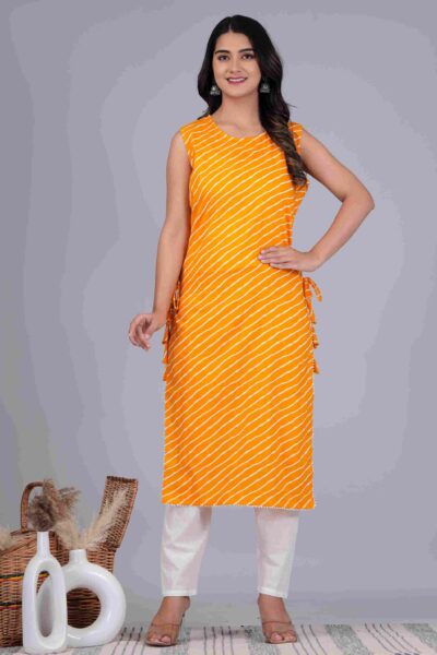 Pure Cotton Yellow Laheriya Kurta Set