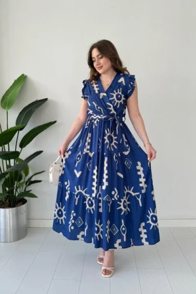 women printed wrap style blue maxi dress