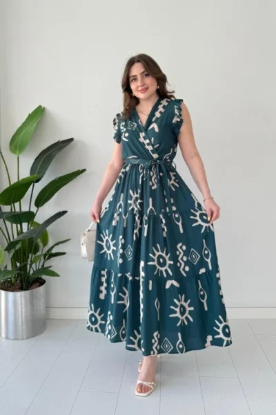 women printed wrap style green maxi dress