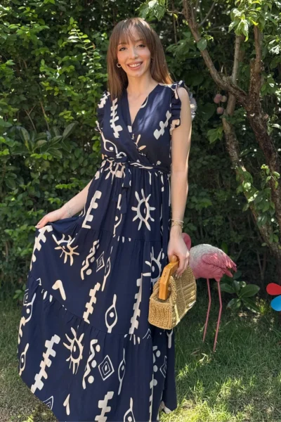 women printed wrap style blue maxi dress (copy)