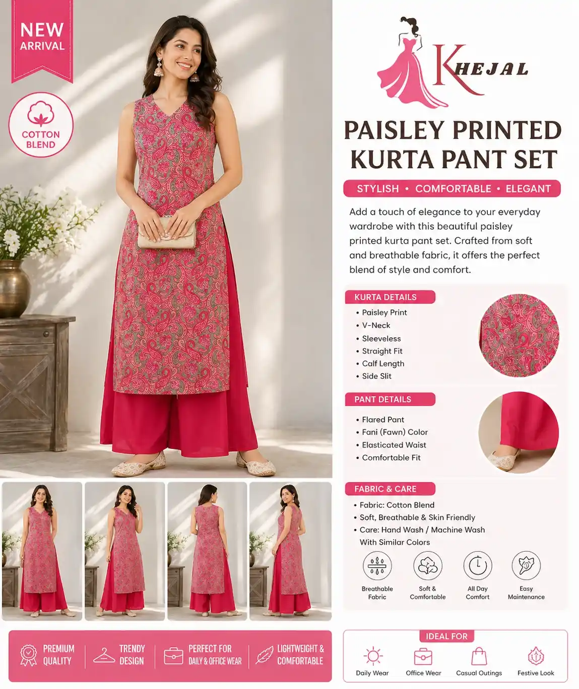 Women Cotton Blend Paisley Printed Pink Kurta Pant Set - Image 4