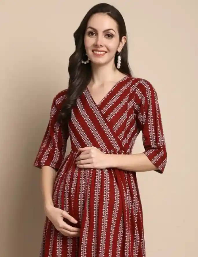 Khejal Maroon Maternity Cotton Gown for Women - Image 2