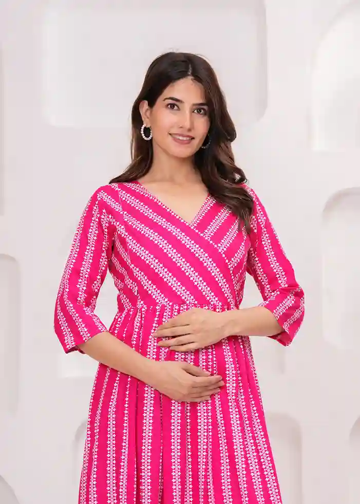 Maternity Soft Cotton Feeding Dress Pink Gown for Women - Image 4