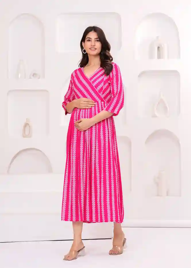 Maternity Soft Cotton Feeding Dress Pink Gown for Women - Image 3