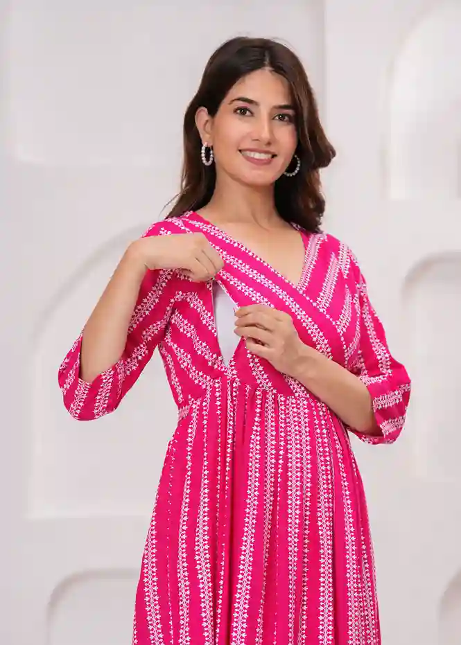Maternity Soft Cotton Feeding Dress Pink Gown for Women - Image 6