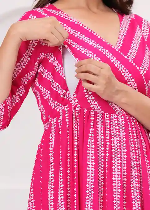 Maternity Soft Cotton Feeding Dress Pink Gown for Women - Image 5