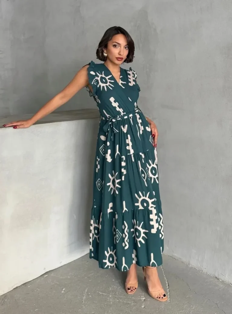 women printed wrap style teal green maxi dress (copy)