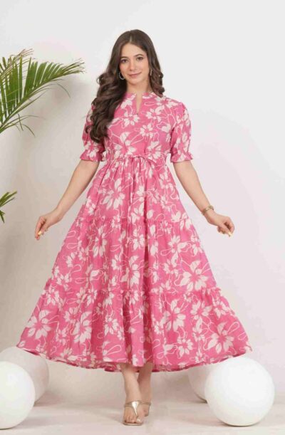 Women Floral Printed Cotton Fit & Flare Midi Woman Gown Dress