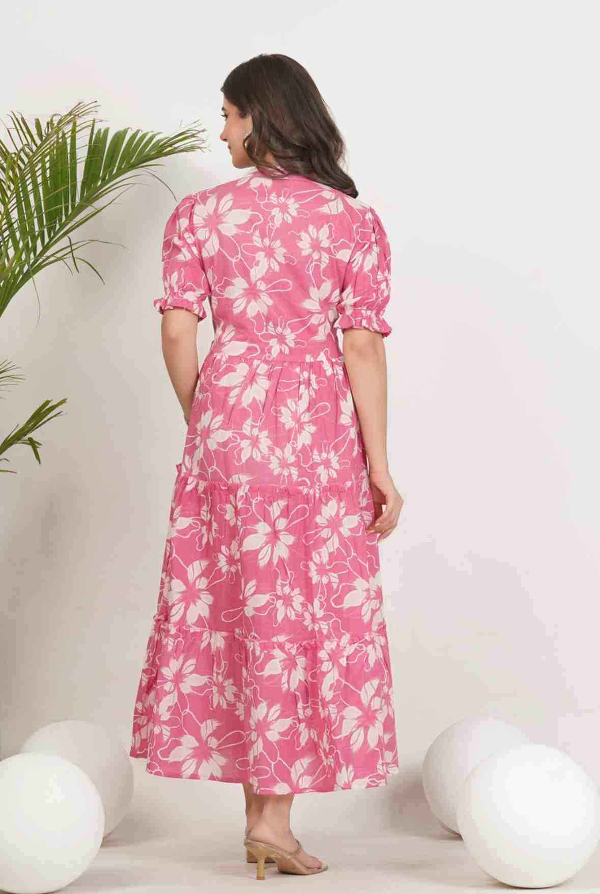 Women Floral Printed Cotton Fit & Flare Midi Woman Gown Dress - Image 3