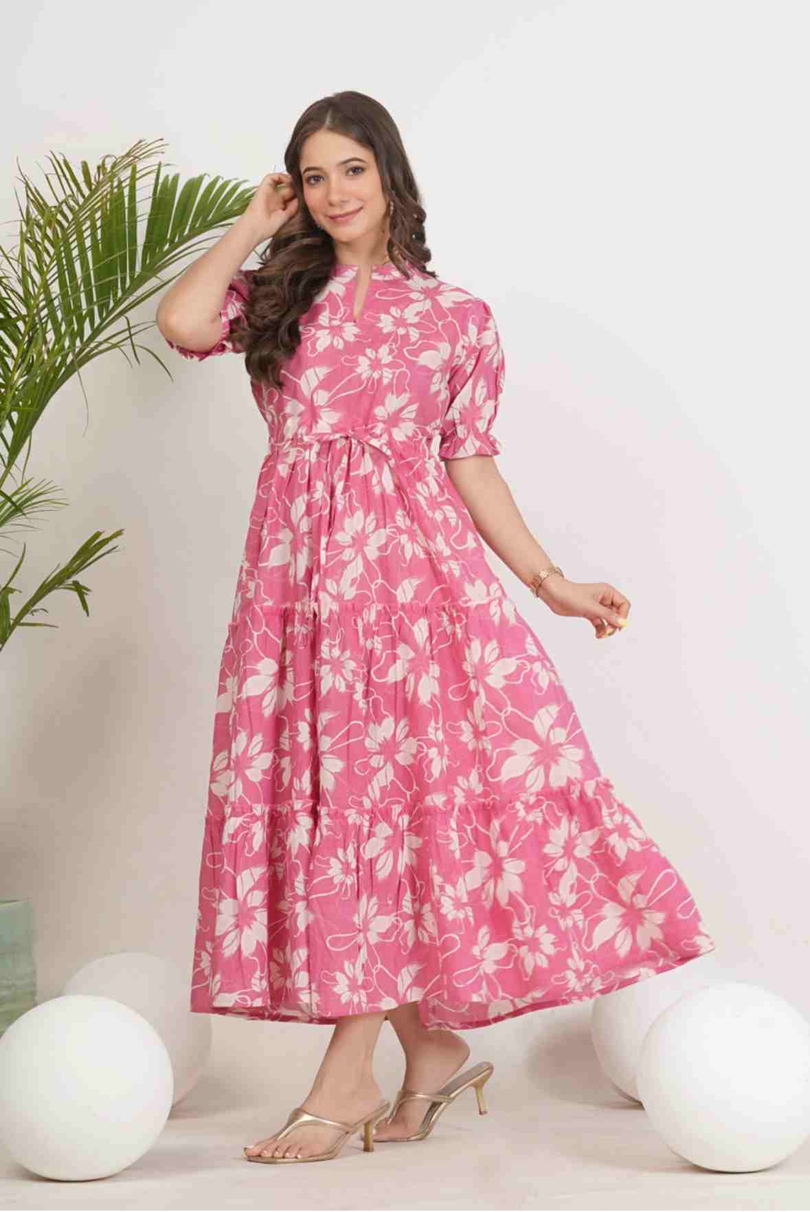 Women Floral Printed Cotton Fit & Flare Midi Woman Gown Dress - Image 2